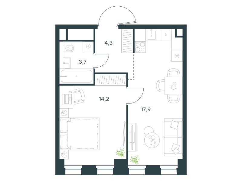 Планировка: 1-комнатная, 40.1 м²