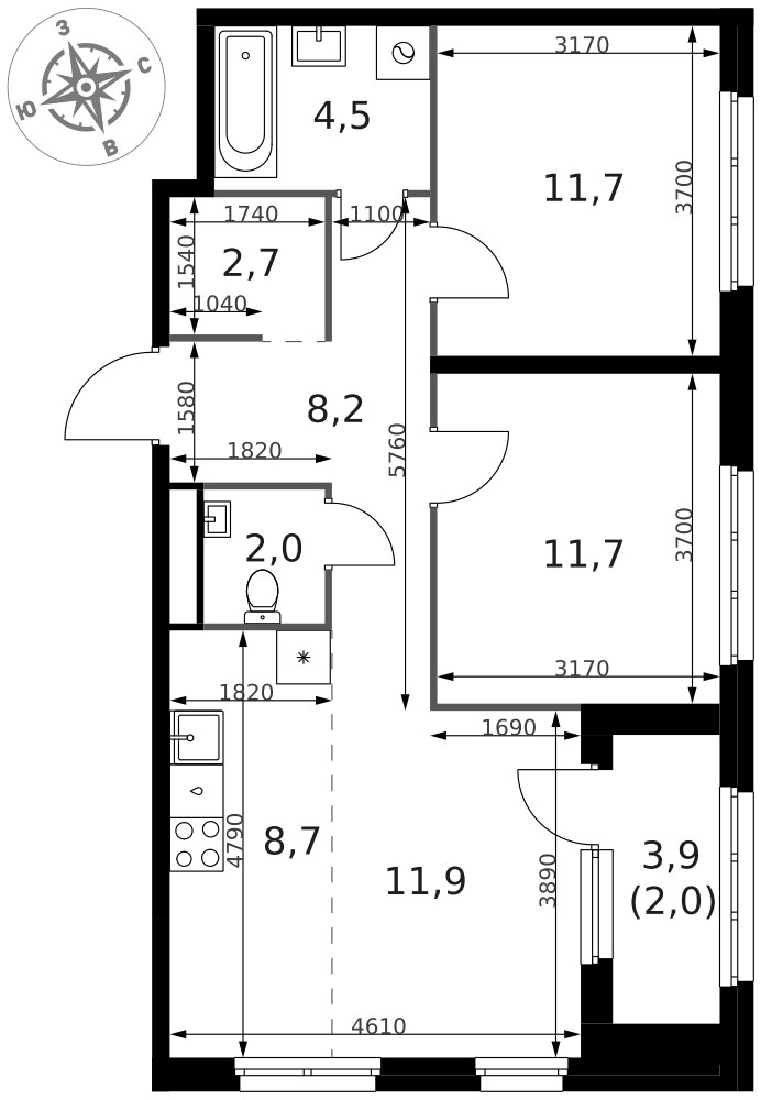 Планировка 63.4 м²