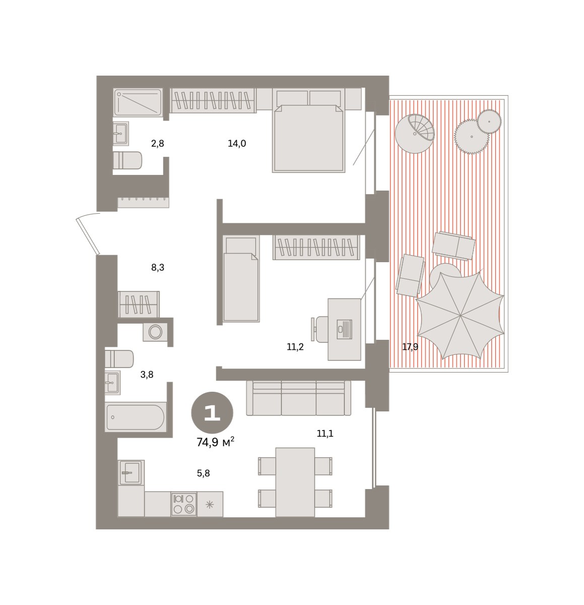 Планировка 74.9 м²