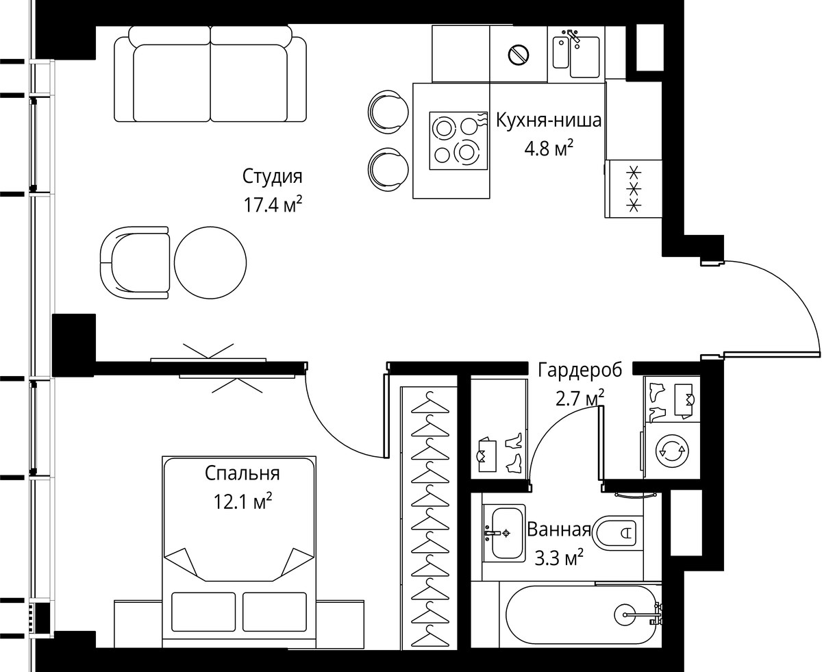 Планировка: 1-комнатная, 40.3 м²