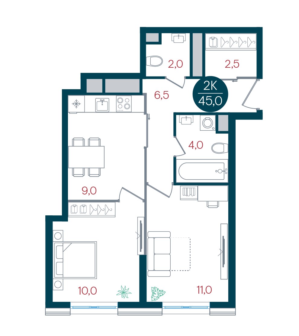 Планировка 45.0 м²