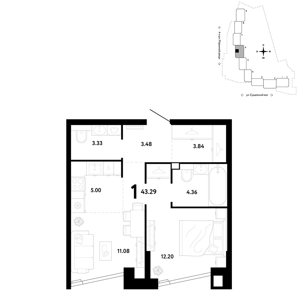 Планировка 43.29 м²