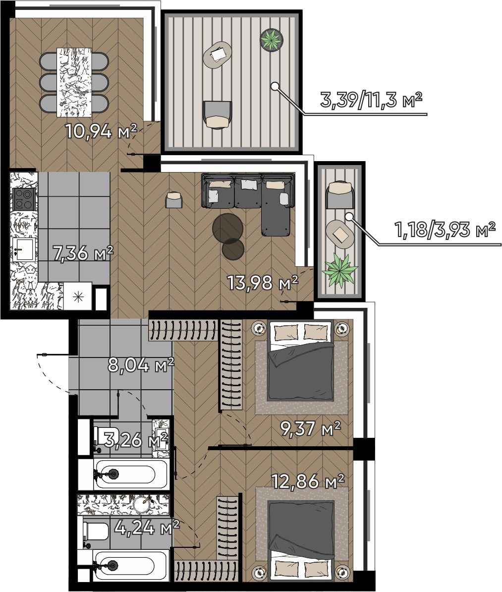 Планировка 74.62 м²