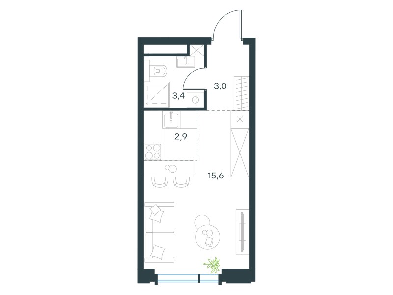 Планировка: Студия, 24.9 м²