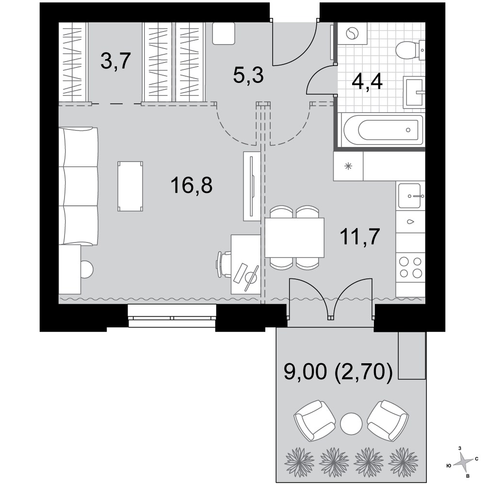 Планировка: 1-комнатная, 44.6 м²