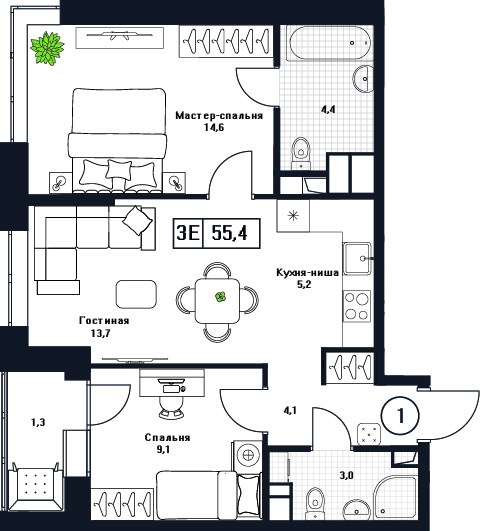 Планировка 55.4 м²