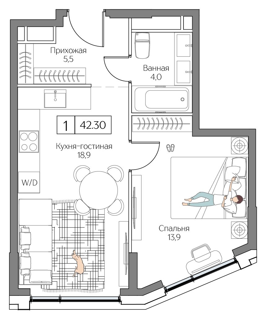 Планировка: 1-комнатная, 42.3 м²