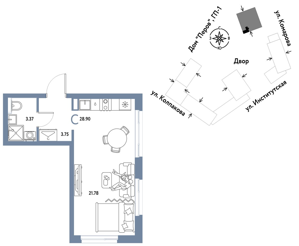 Планировка: 1-комнатная, 28.9 м²