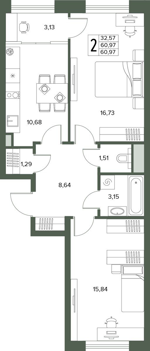 Планировка 60.97 м²