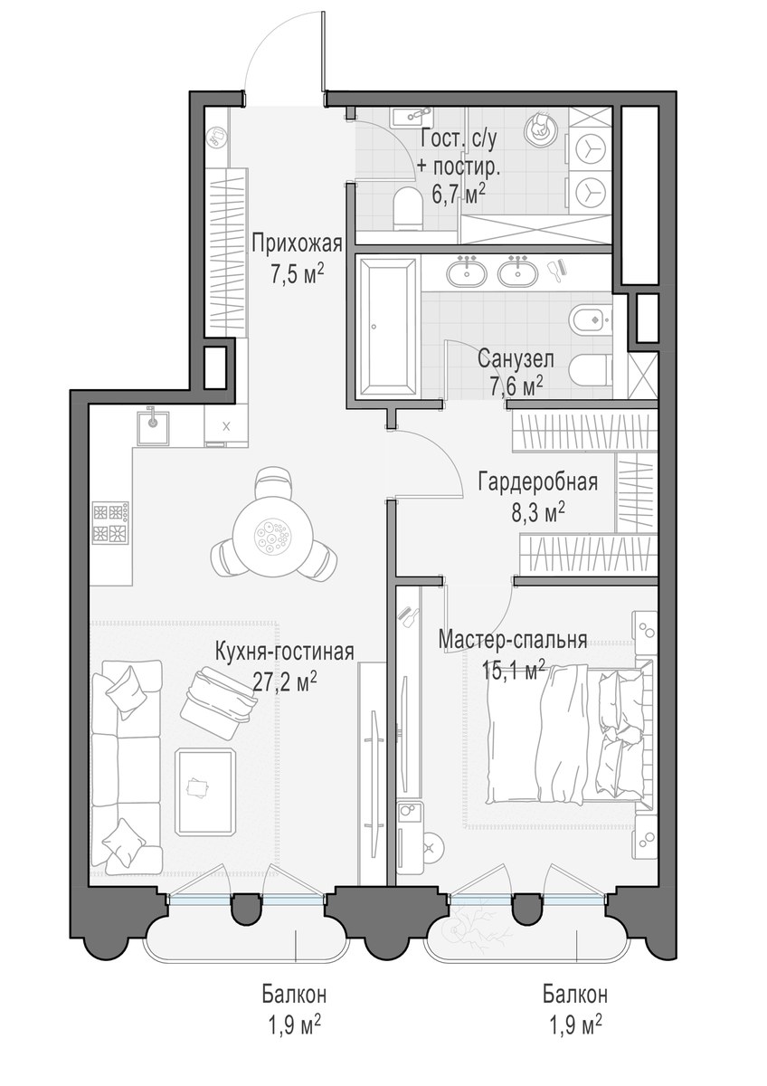 Планировка: 1-комнатная, 73.8 м²