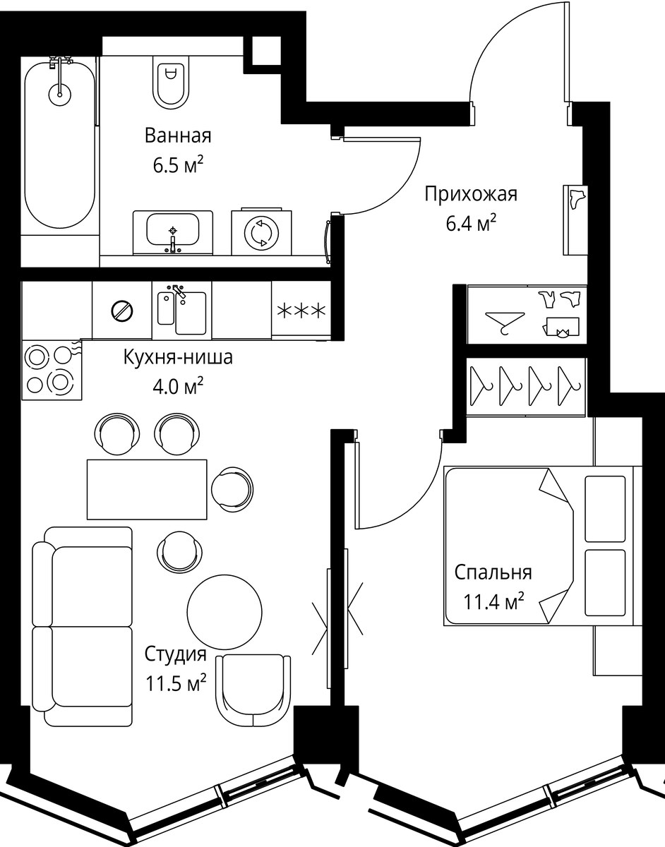 Планировка: 1-комнатная, 39.8 м²