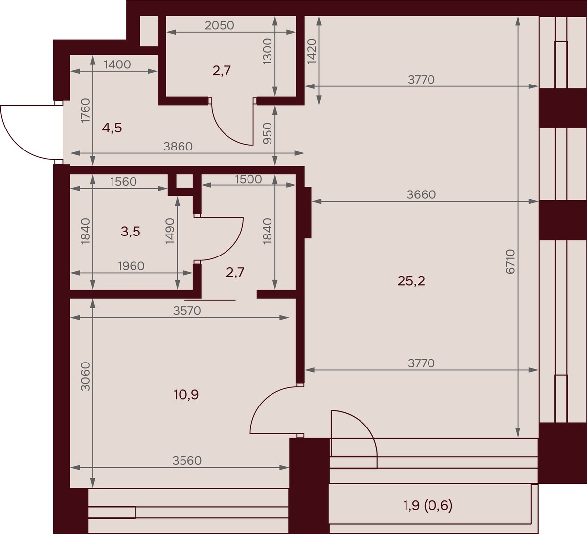 Планировка: 1-комнатная, 49.6 м²