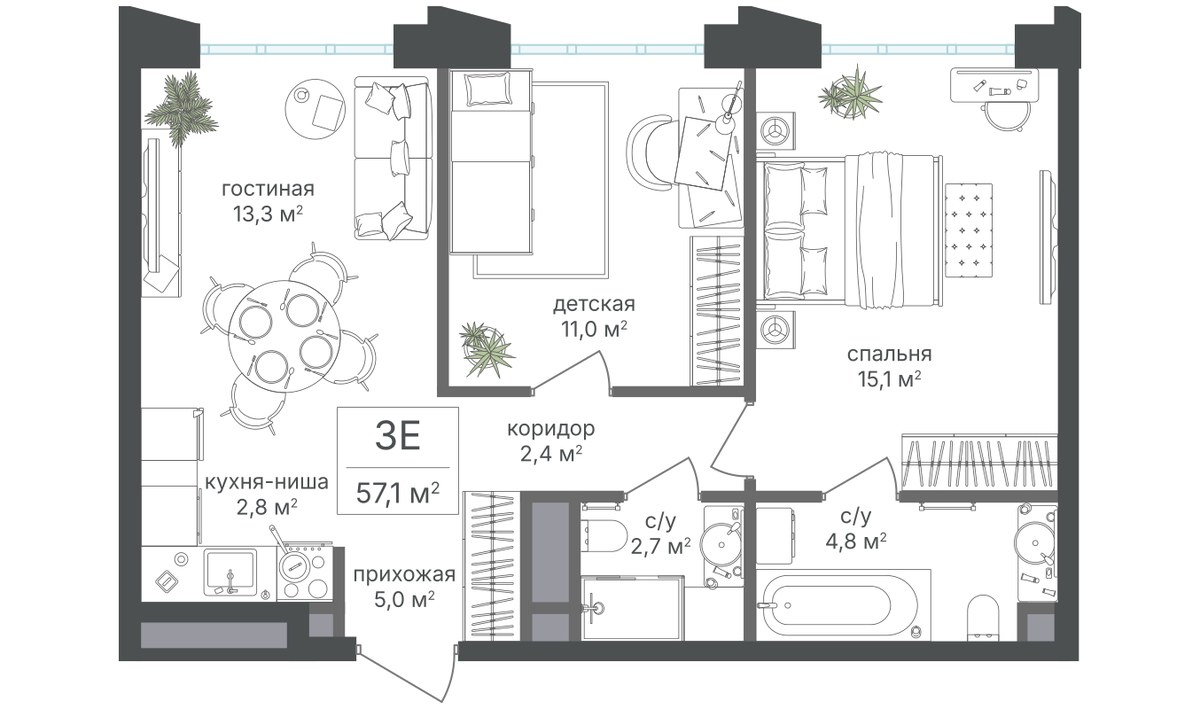 Планировка 57.1 м²