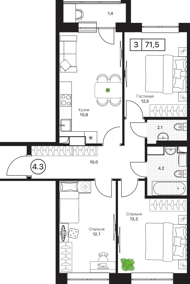 Планировка 71.5 м²