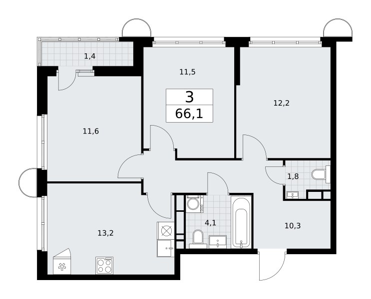 Планировка: 3-комнатная, 66.1 м²