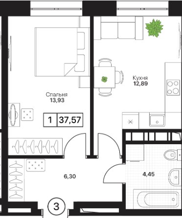 Планировка 37.57 м²