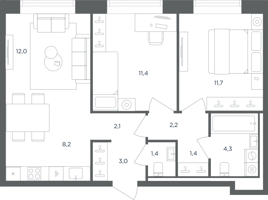 Планировка 57.7 м²