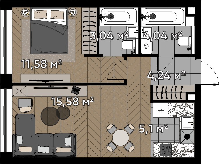 Планировка 43.58 м²