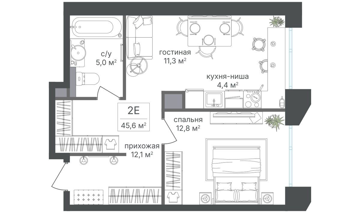 Планировка 45.6 м²