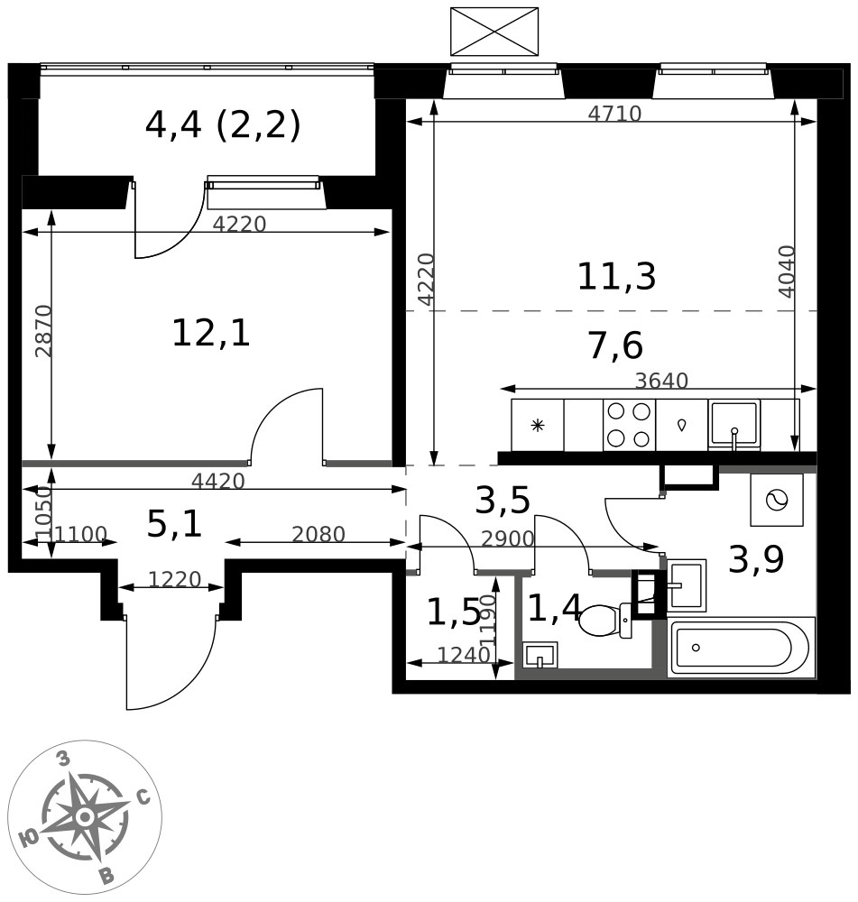 Планировка 48.6 м²