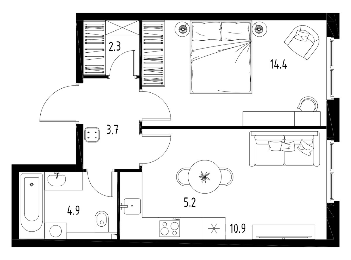Планировка: 1-комнатная, 41.4 м²