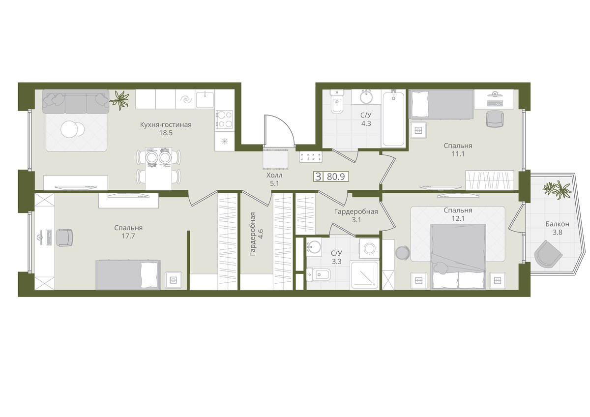 Планировка 80.9 м²
