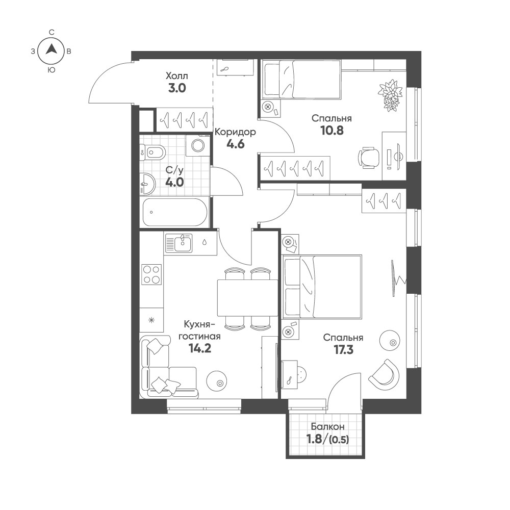 Планировка 54.4 м²