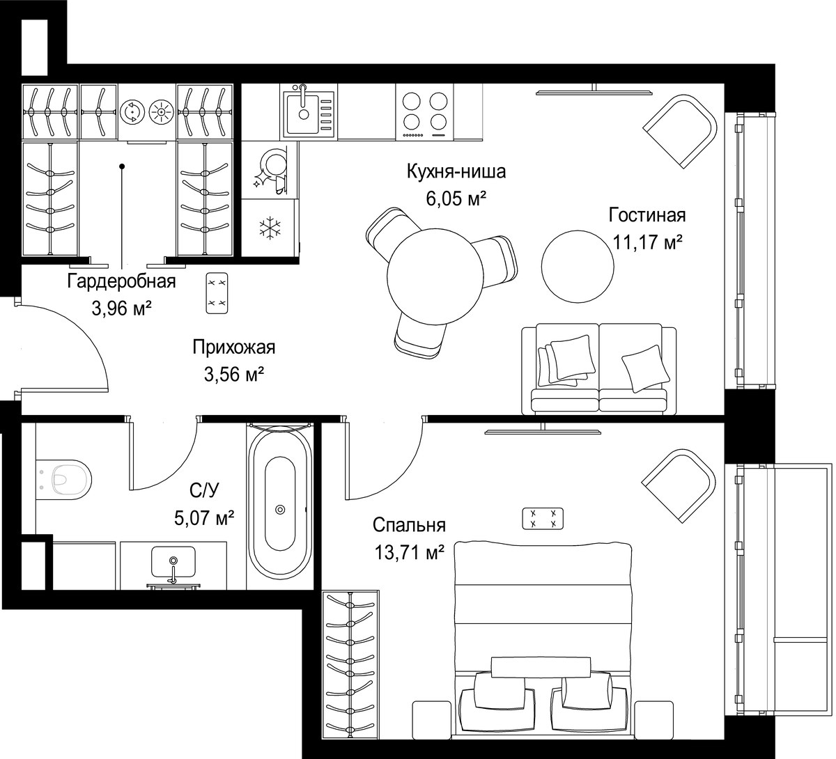 Планировка: 1-комнатная, 43.52 м²