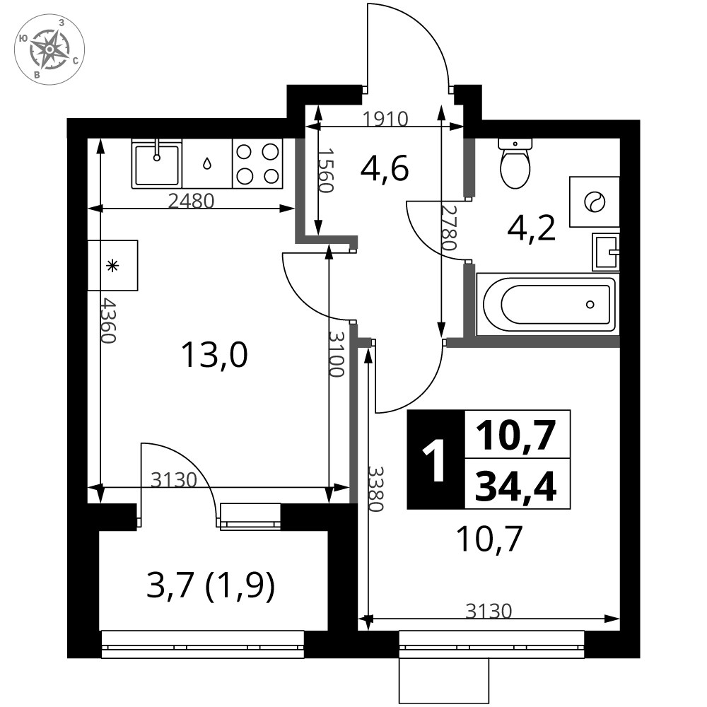 Планировка 34.4 м²