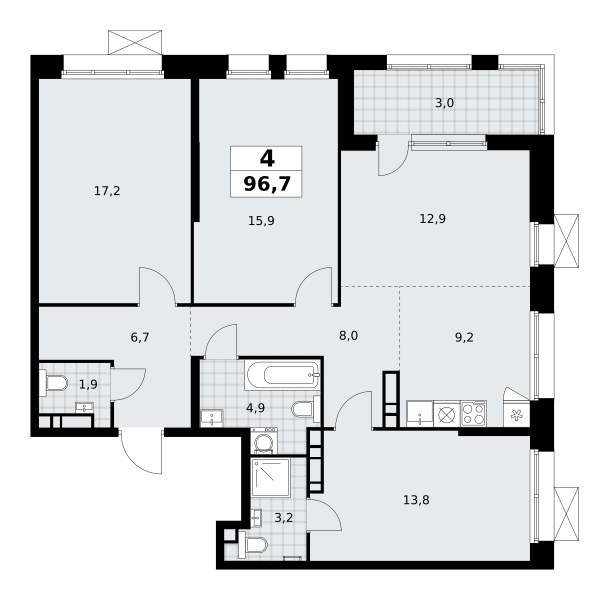 Планировка: 4-комнатная, 96.7 м²