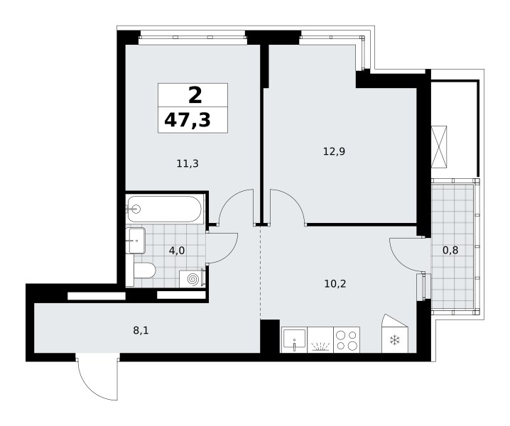 Планировка: 2-комнатная, 47.3 м²