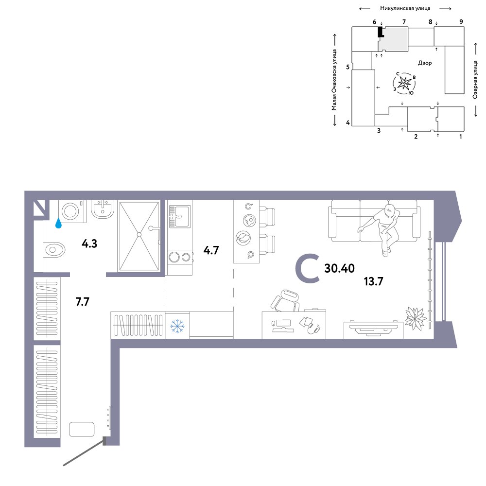 Планировка: 1-комнатная, 30.4 м²