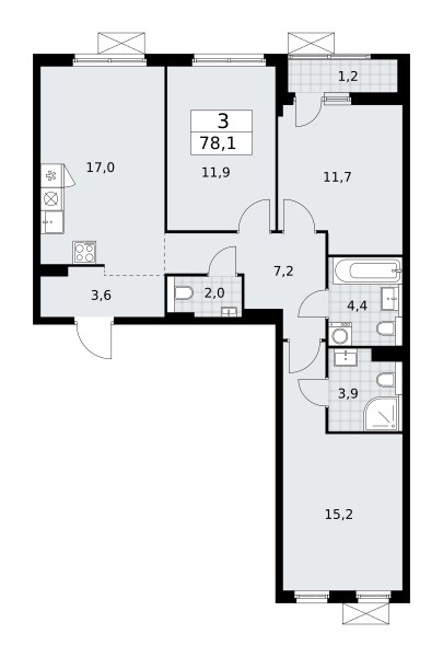 Планировка: 3-комнатная, 78.1 м²