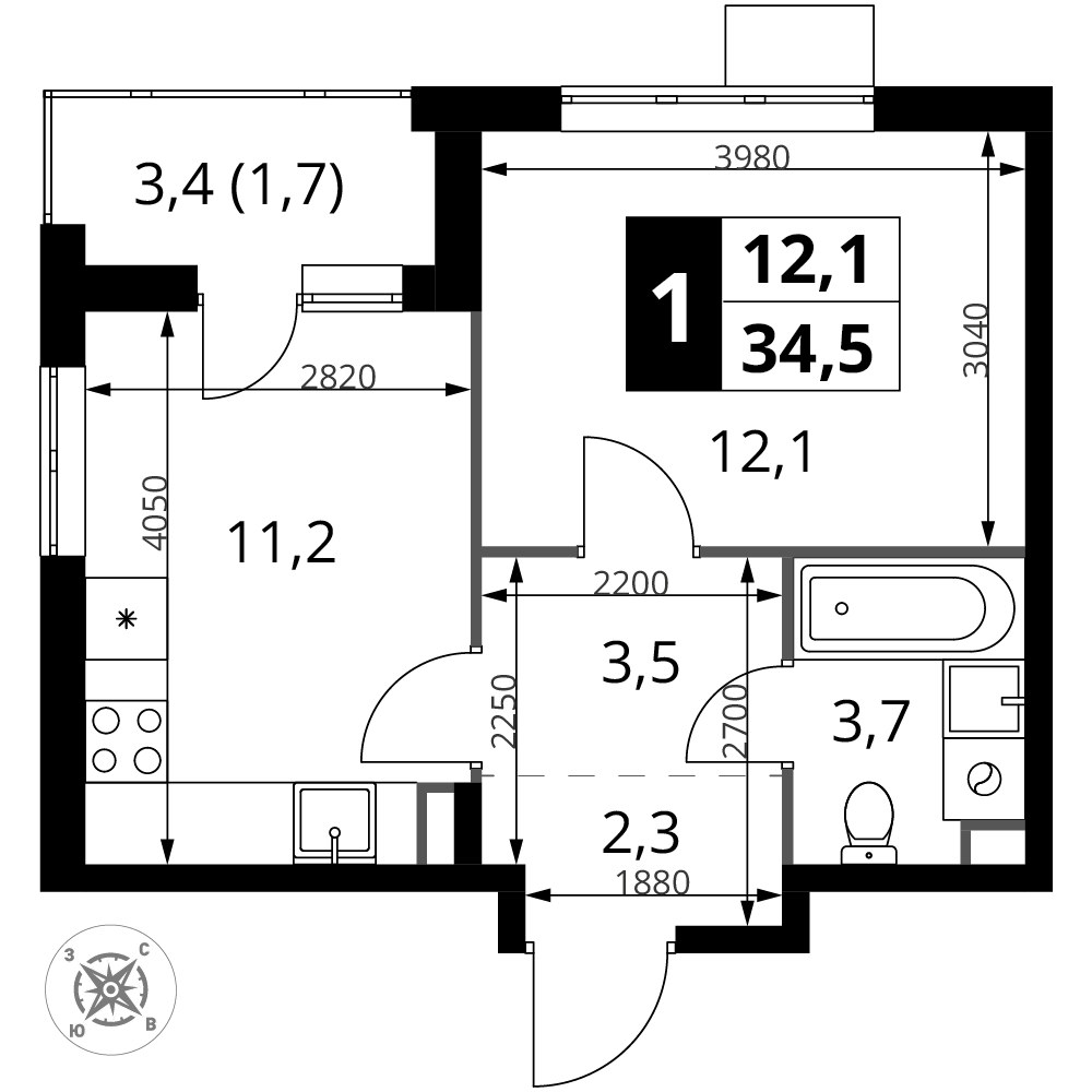 Планировка 34.5 м²