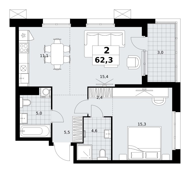 Планировка: 2-комнатная, 62.3 м²