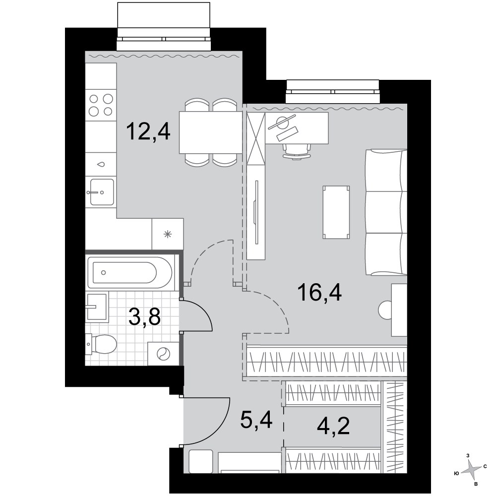 Планировка: 1-комнатная, 42.2 м²