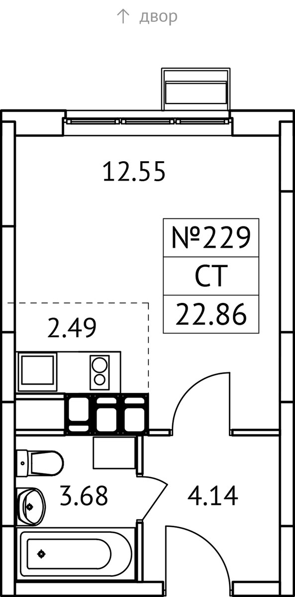 Планировка: Студия, 22.86 м²