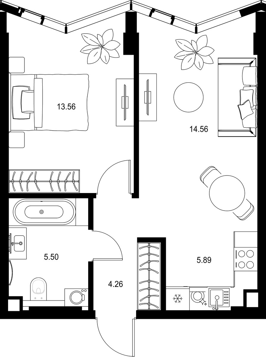 Планировка: 1-комнатная, 43.77 м²