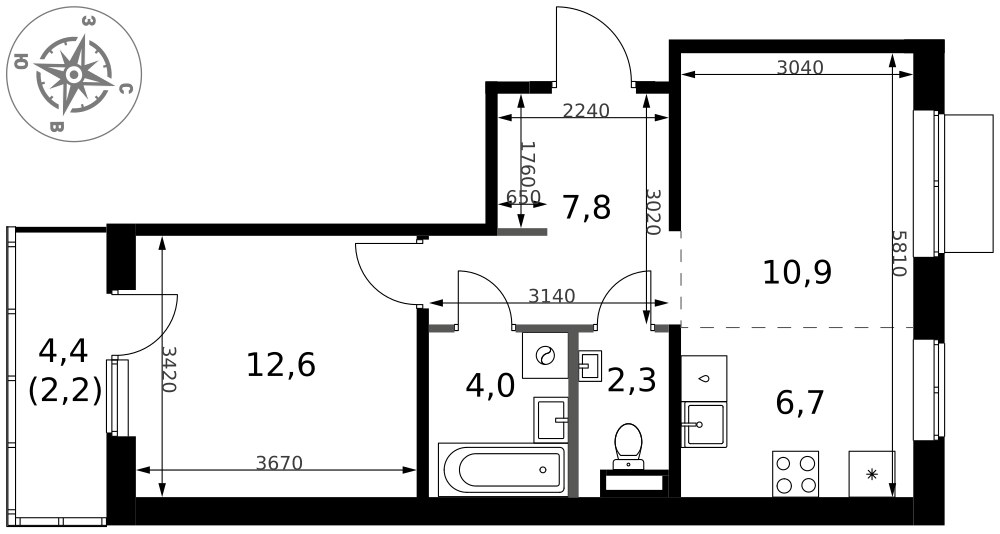 Планировка 46.5 м²