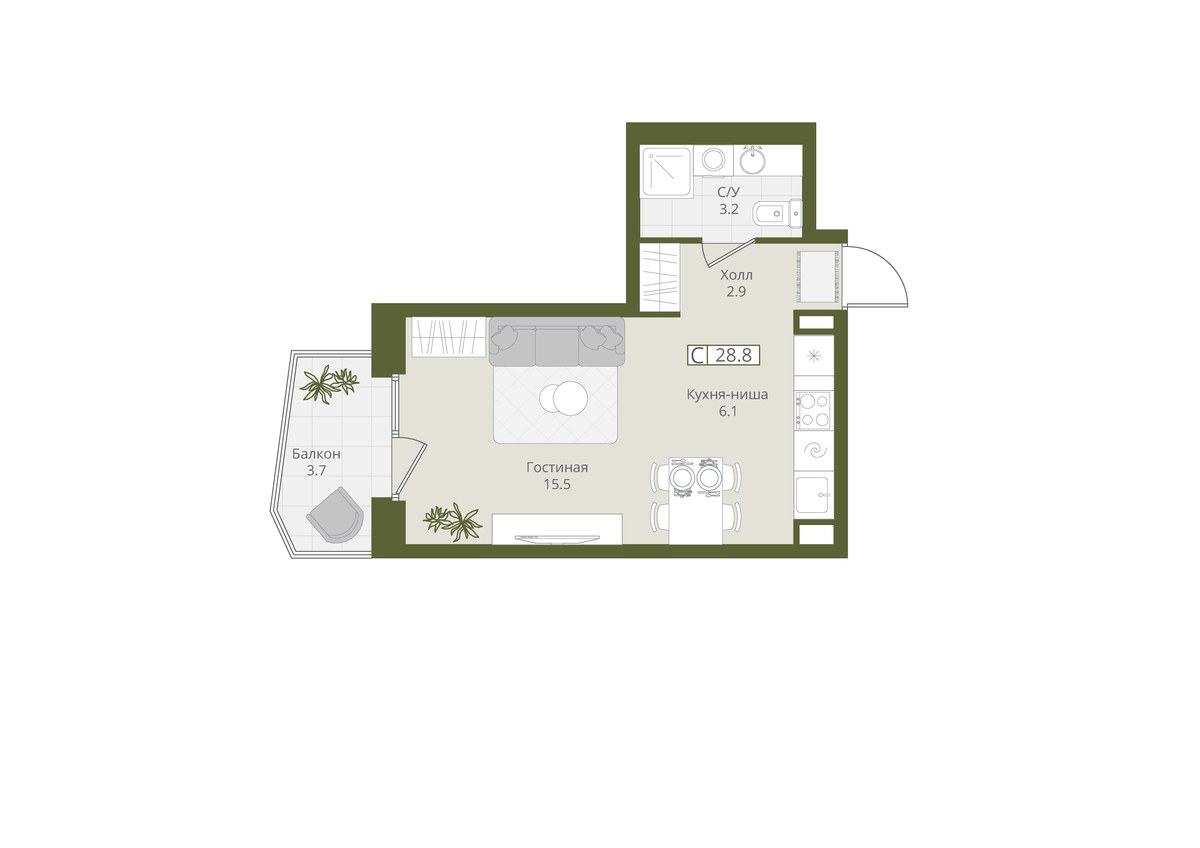 Планировка 28.8 м²