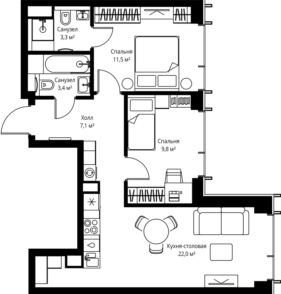 Планировка 57.1 м²