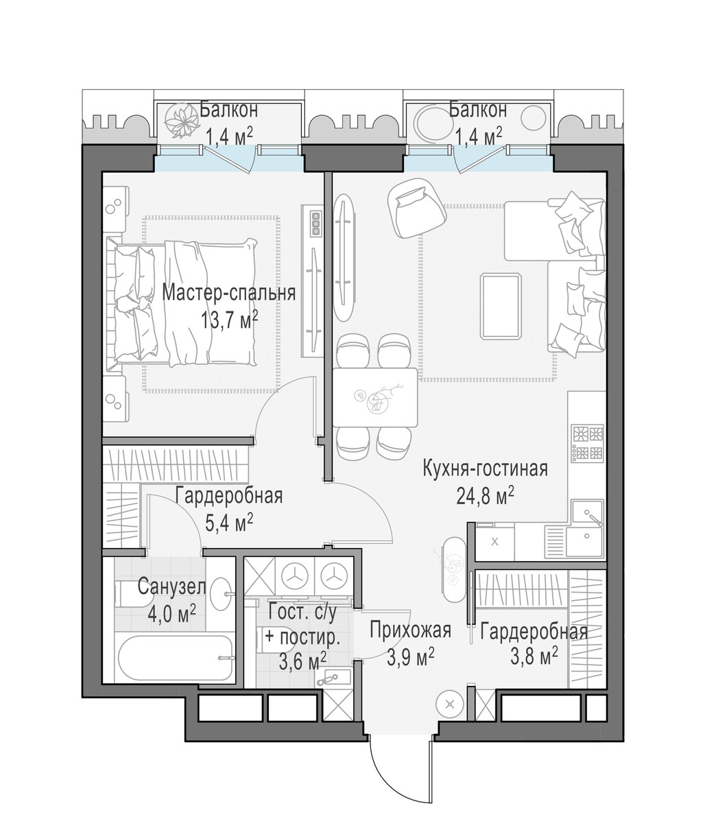 Планировка: 1-комнатная, 60.2 м²