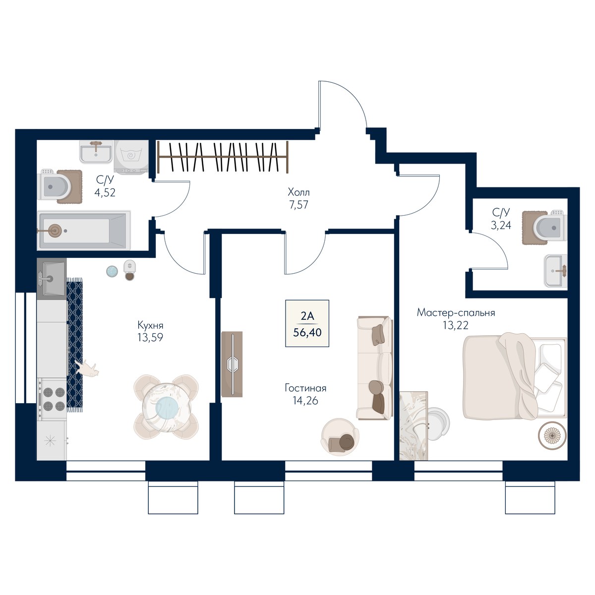 Планировка 56.4 м²