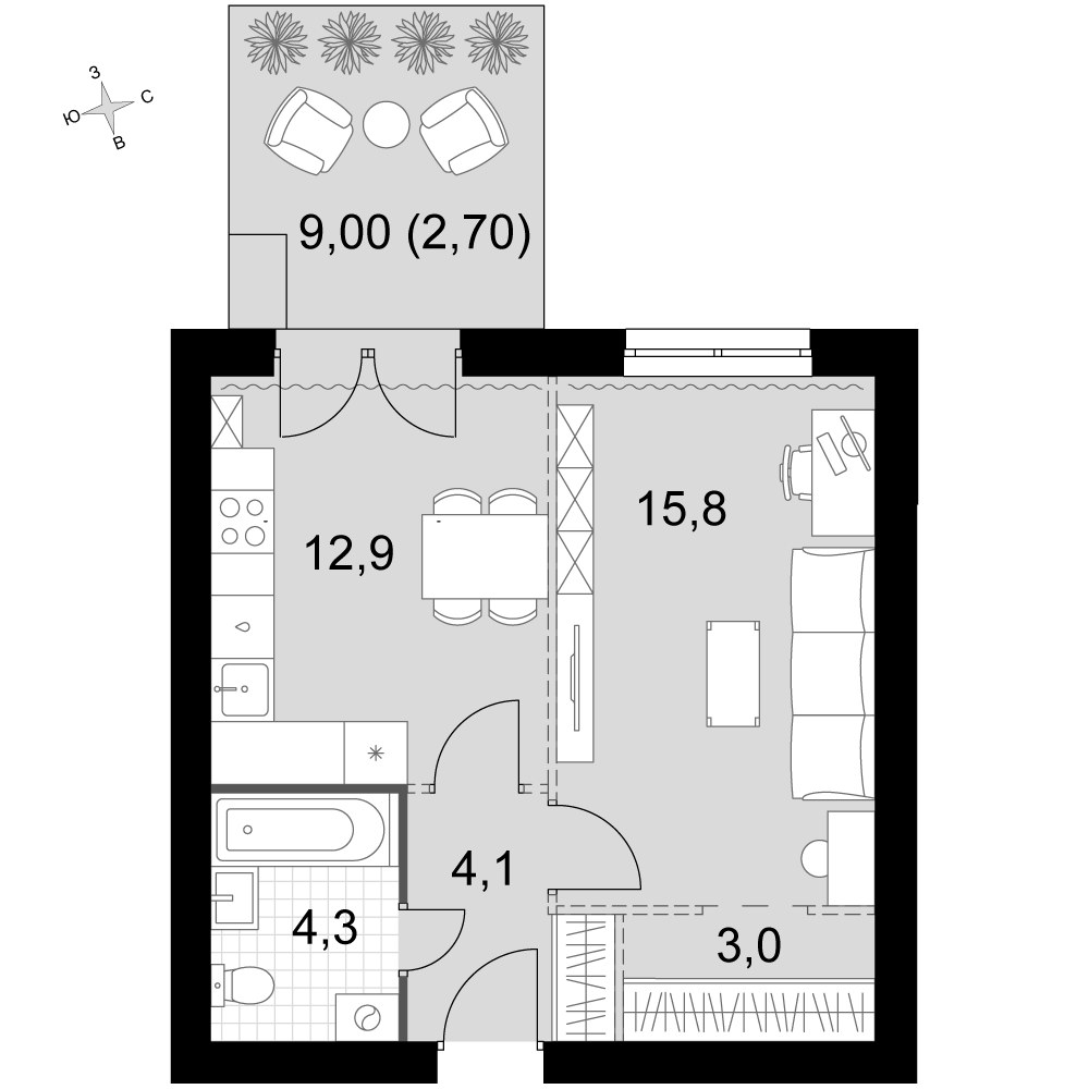 Планировка: 1-комнатная, 42.8 м²