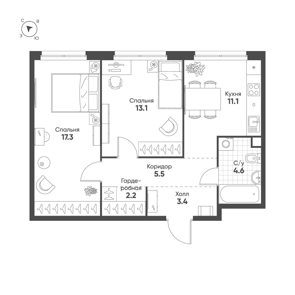 Планировка 57.2 м²