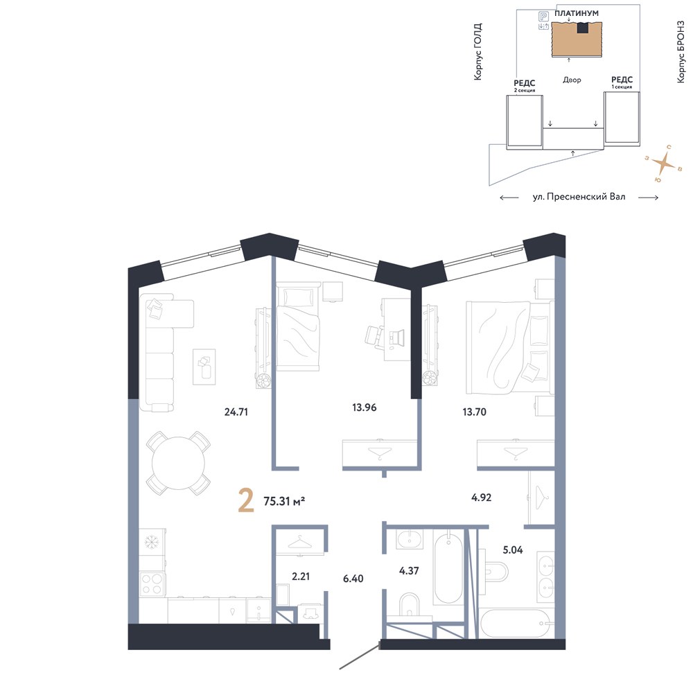 Планировка 75.31 м²