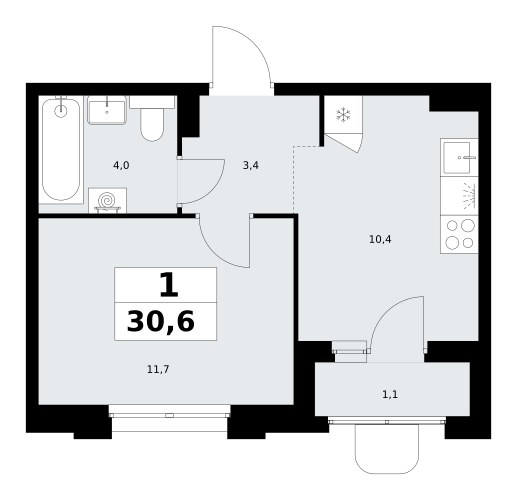 Планировка: 1-комнатная, 30.6 м²