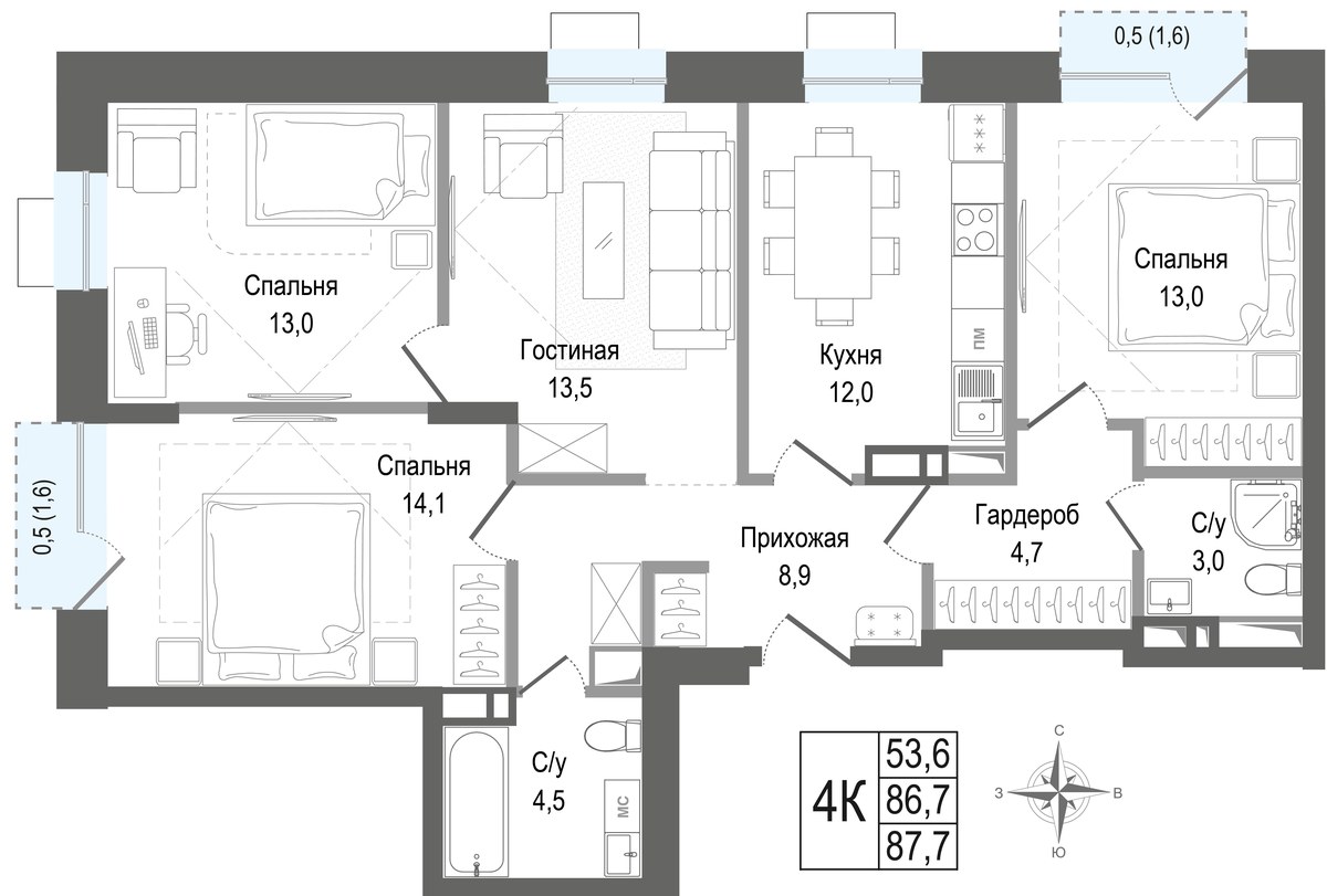 Планировка 86.7 м²