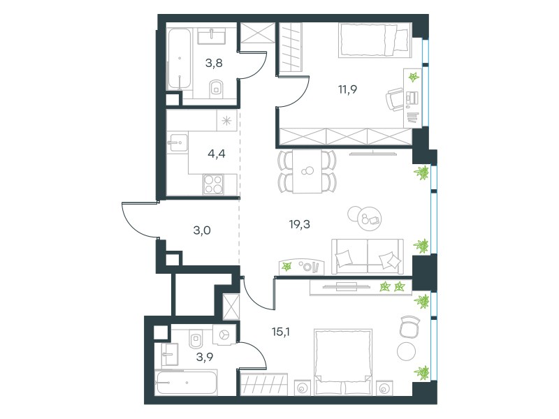 Планировка 61.4 м²