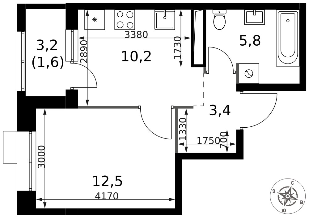Планировка 33.5 м²
